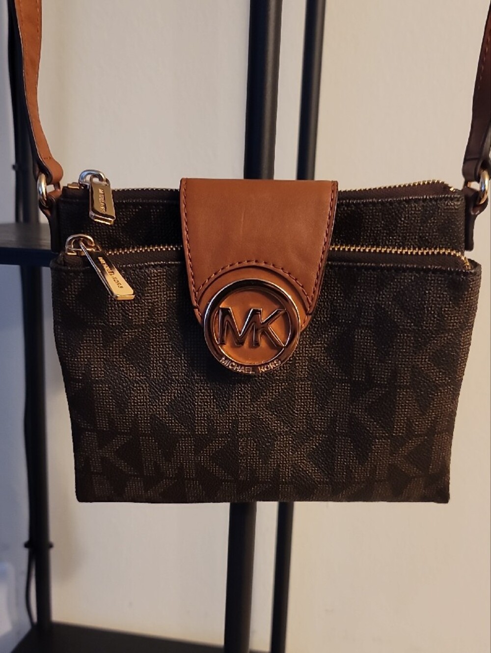 Michael Kors Brown Logo Crossbody with Tan Leather Flap and Gold MK Emblem - Picture 3 of 16